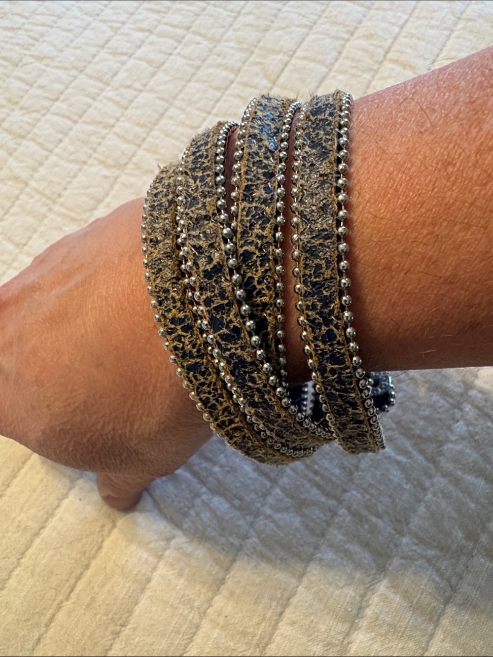 Distressed Leather, silver bead accent, wrap bracelet,